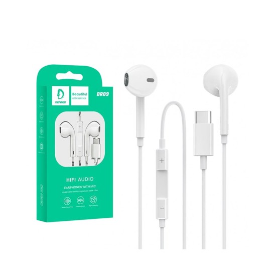 DENMEN HIFI AUDIO EARPHONES DR09 WITH MIC FOR TYPE C PORT WHITE